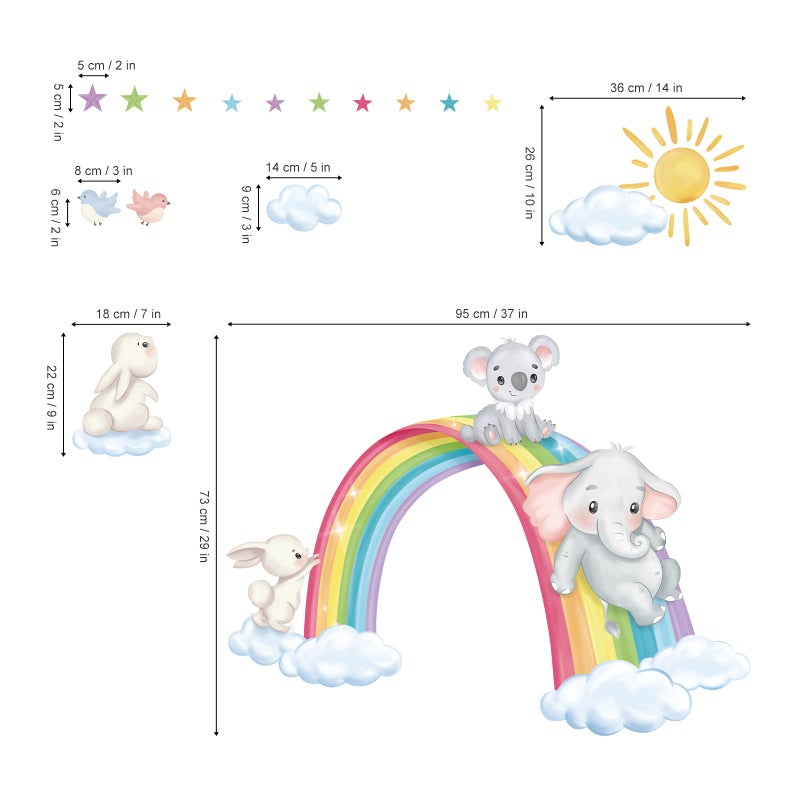 decalmile Rainbow Animal Wall Decals Elephant Koala Rabbit Clouds Wall Stickers Baby Nursery Kids Room Living Room Wall Decor - Image 4